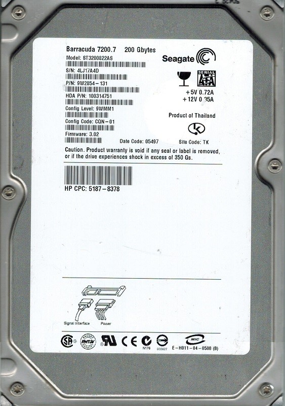 Seagate ST3200822AS P/N: 9W2854-131 F/W: 3.02 200GB TK