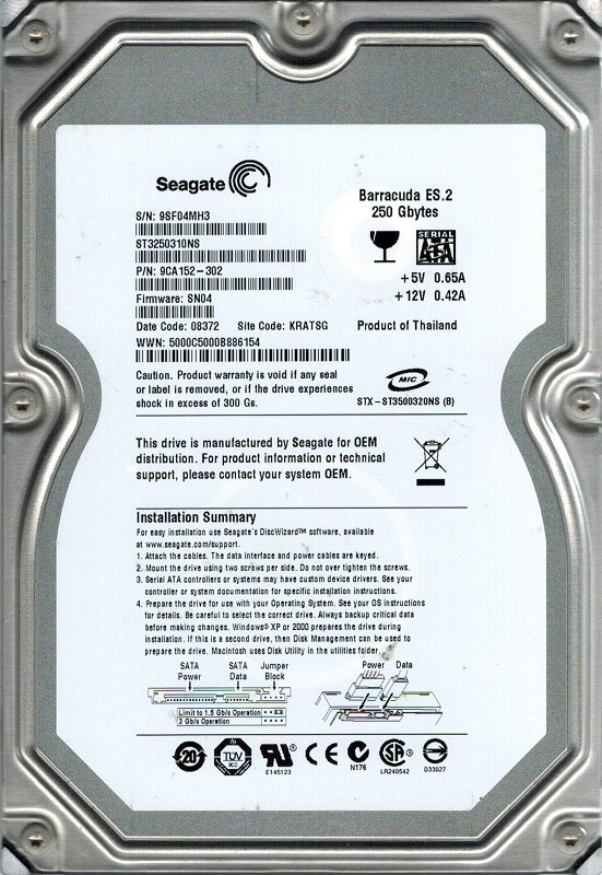 Seagate ST3250310NS P/N: 9CA152-302 250GB F/W: SN04 KRATSG