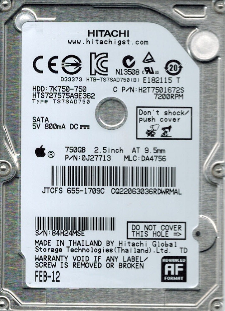 Hitachi HTS727575A9E362 P/N: 0J27713 MLC: DA4756 MAC 655-1709C