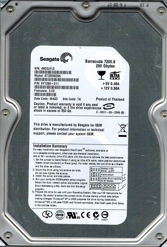 Seagate ST3200826A P/N: 9Y7289-511 F/W: 3.03 200GB TK