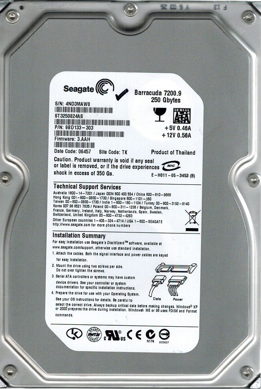 Seagate ST3250824AS F/W: 3.AAH P/N: 9BD133-303 TK 250GB