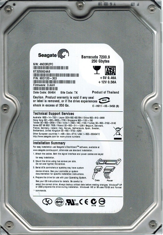 Seagate ST3250824AS P/N: 9BD133-303 F/W: 3.AAH 250GB TK