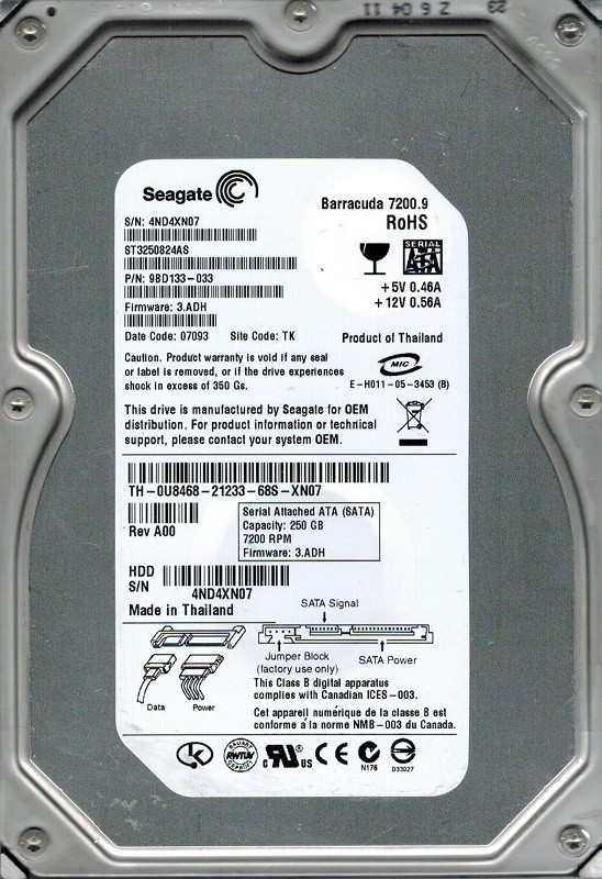 Seagate ST3250824AS P/N: 9BD133-033 F/W: 3.ADH 250GB TK
