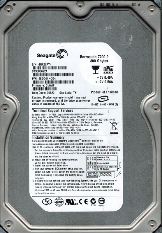 Seagate ST3300622A 300GB P/N: 9BD044-304 F/W: 3.AAH TK