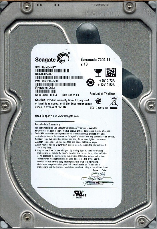 Seagate ST32000540AS 2TB P/N: 9SY158-568 F/W: CC83 TK 9WM