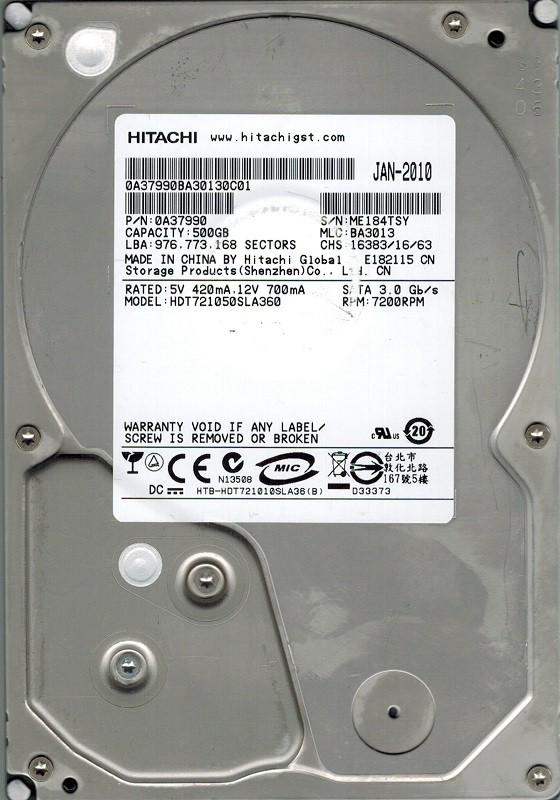 Hitachi HDT721050SLA360 500GB P/N: 0A37990 MLC: BA3013