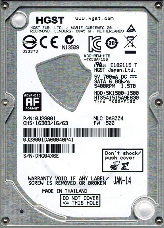 Hitachi HTS541515A9E630 P/N: 0J28001 MLC: DA6004 1.5TB HGST 