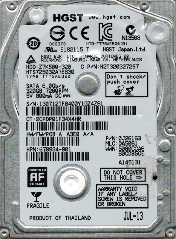 Hitachi HTS725032A7E630 MLC: DA5061 P/N: 0J26163 320GB