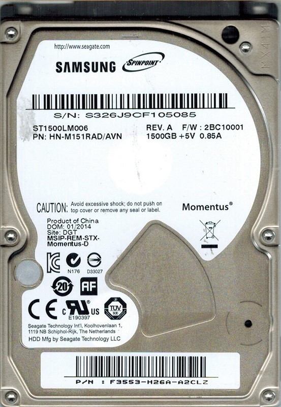 Samsung ST1500LM006 P/N: HN-M151RAD/AVN F/W: 2BC10001 DGT 1.5TB