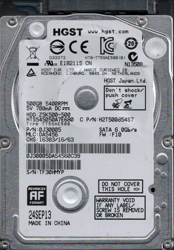 HTS545050A7E680 P/N: 0J30005 MLC: DA5456 China HGST 500GB