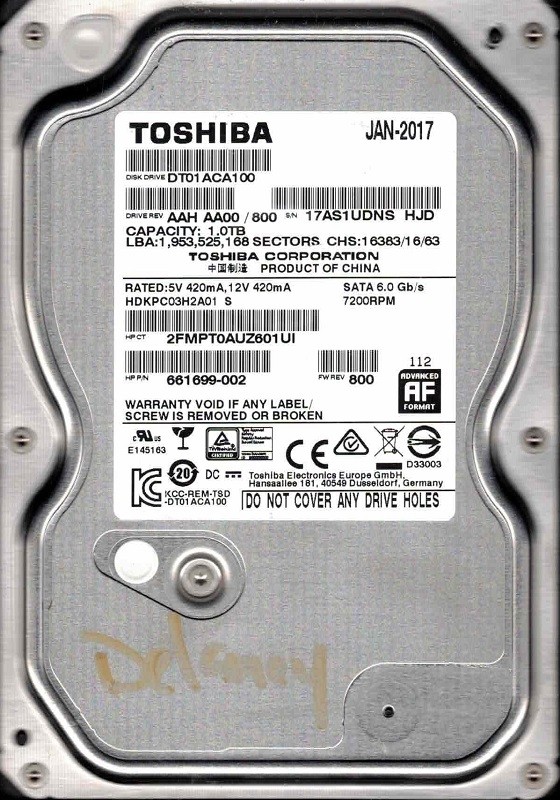 DT01ACA100 AAH AA00/800 HDKPC03H2A01 JAN 2017 Toshiba 1TB