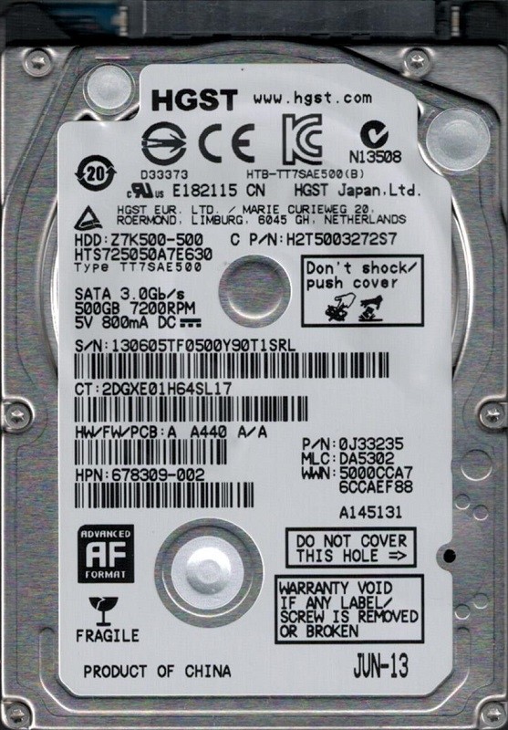 HGST HTS725050A7E630 P/N: 0J33235 MLC: DA5302 China 500GB