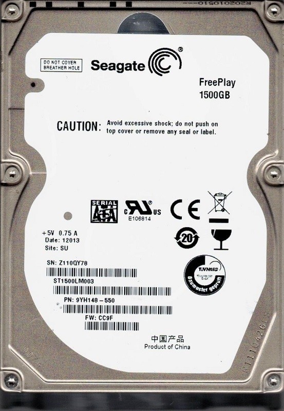Seagate ST1500LM003 P/N: 9YH148-550 F/W: CC9F 1.5TB SU Z11