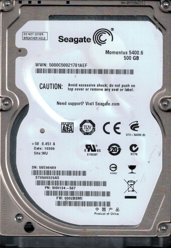 Seagate ST9500325AS P/N: 9HH134-567 F/W: 0002BSM1 500GB WU 5VE Laptop Hard Drive
