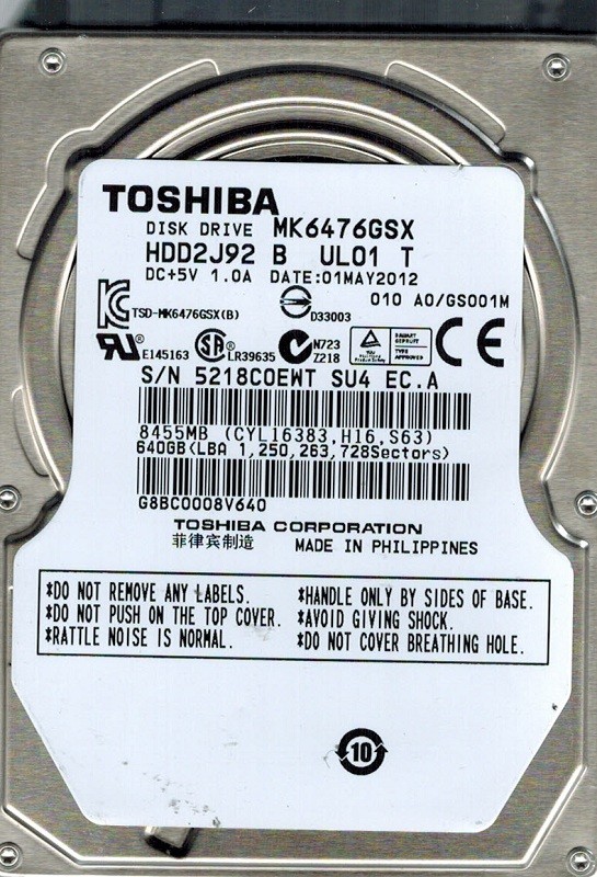 Toshiba MK6476GSX 640GB HDD2J92 B UL01 T PHILIPPINES