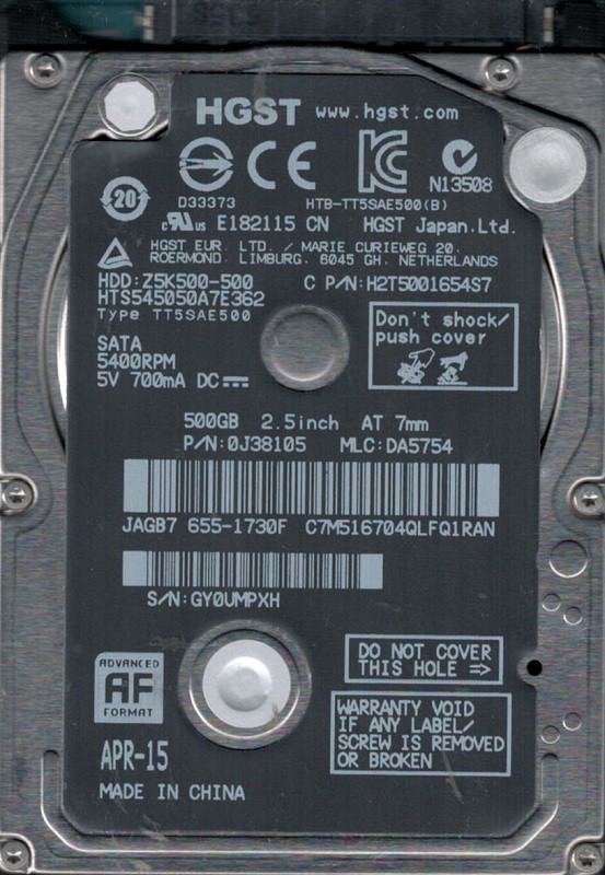 HGST HTS545050A7E362 P/N: 0J38105 MLC: DA5754 MAC 655-1730F 500GB