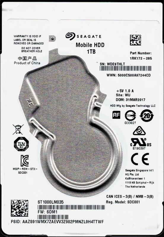 ST1000LM035 P/N: 1RK172-285 F/W: SDM1 WU WDE Seagate 1TB