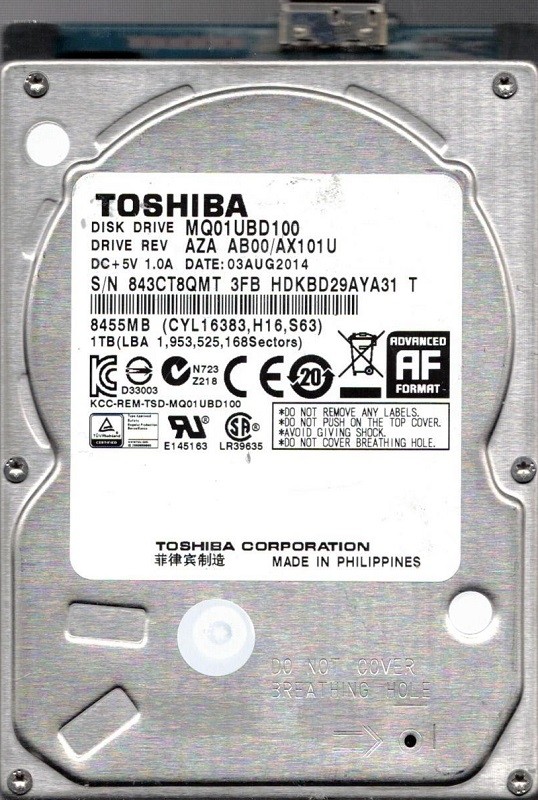 MQ01UBD100 AZA AB00/AX101U AUG 2014 Philippines Toshiba 1TB 2.5" Hard Drive