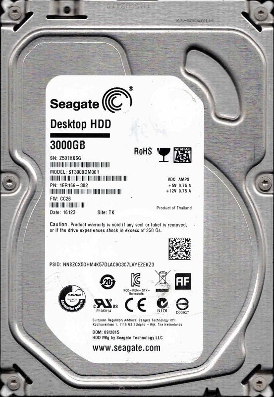 ST3000DM001 P/N: 1ER166-302 F/W: CC26 TK Z50 09/2015 Seagate 3TB
