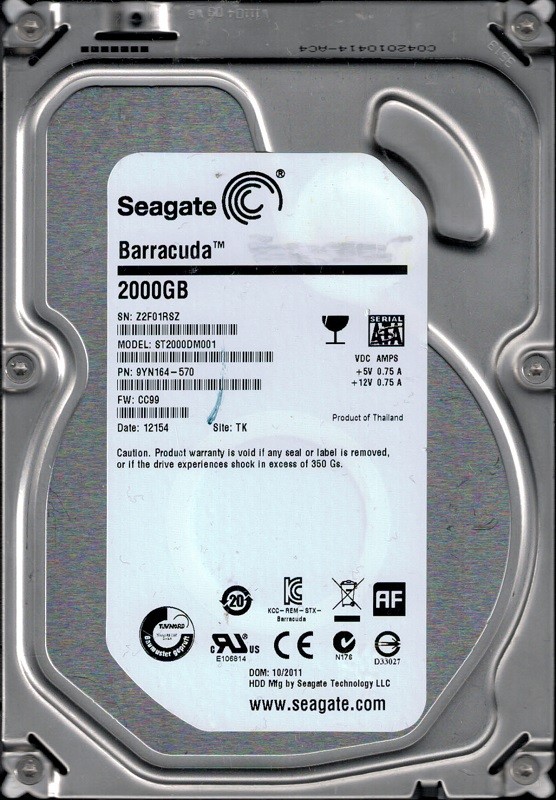 Seagate ST2000DM001 P/N: 9YN164-570 F/W: CC99 2TB TK Z2F