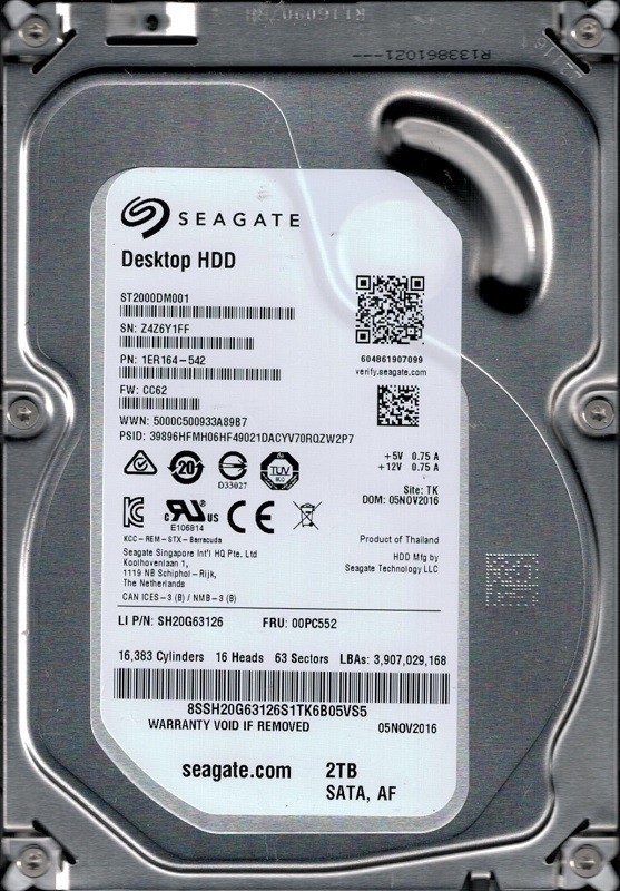 ST2000DM001 P/N: 1ER164-542 F/W: CC62 TK Z4Z6 Seagate 2TB