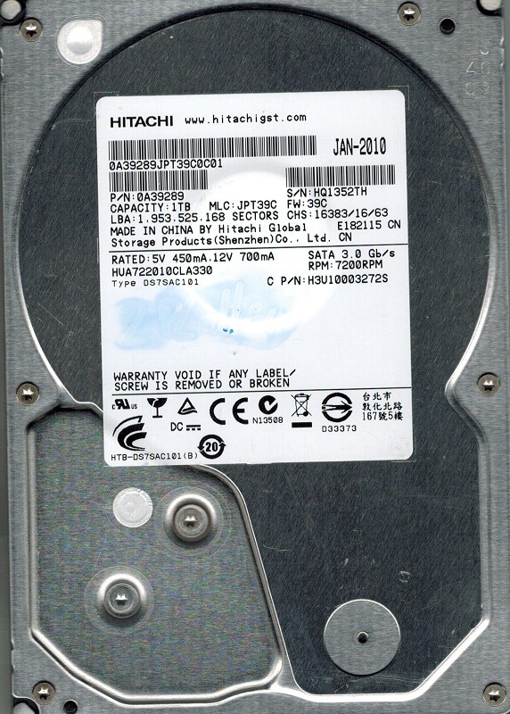 Hitachi HUA722010CLA330 P/N: 0A39289 MLC: JPT39C 1TB