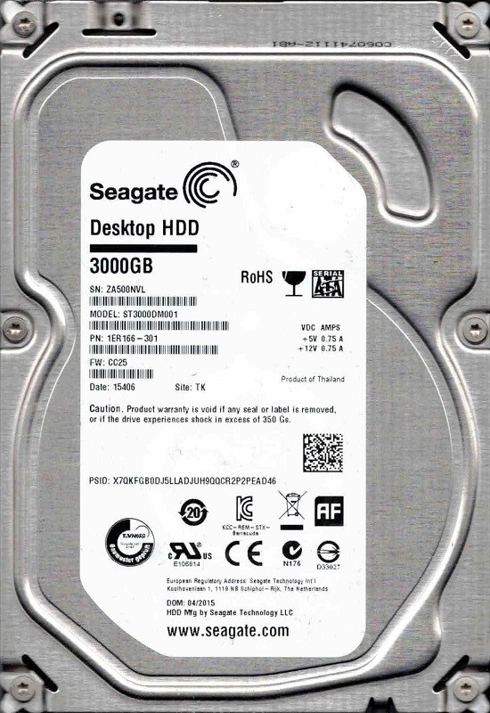 ST3000DM001 P/N: 1ER166-301 F/W: CC25 TK ZA50 Seagate 3TB Desktop HDD