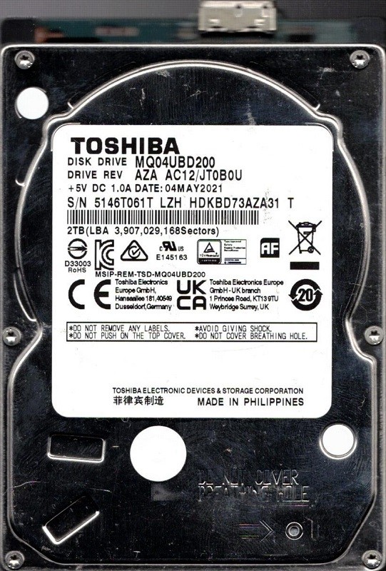 MQ04UBD200 AZA AC12/JT0B0U HDKBD73AZA31 T MAY 2021 Toshiba 2TB