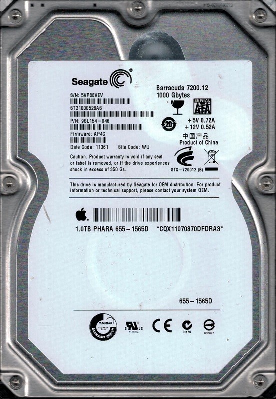 Seagate ST31000528AS 1TB P/N: 9SL154-046 F/W: AP4C WU 5VP MAC 655-1565D