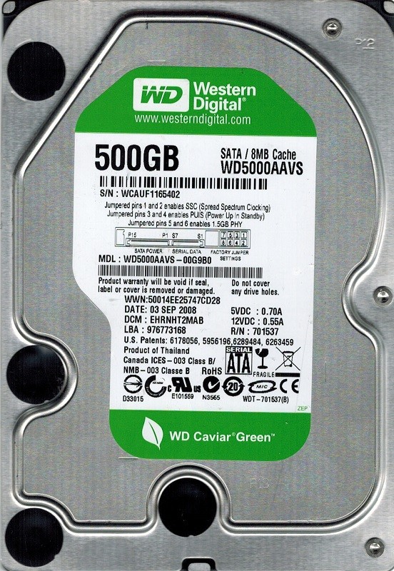 Western Digital WD5000AAVS-00G9B0 500GB DCM: EHRNHT2MAB