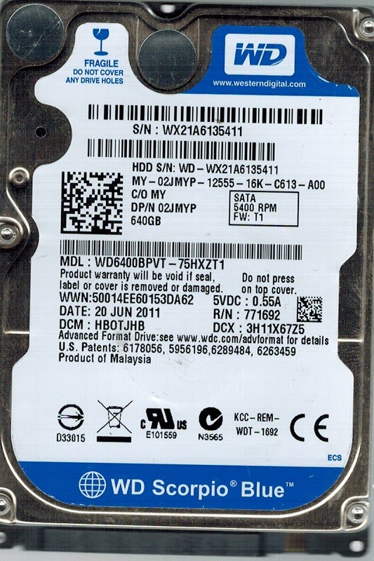 Western Digital WD6400BPVT-75HXZT1 640GB DCM: HBOTJHB