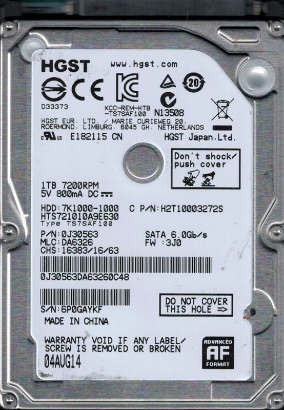 HTS721010A9E630 P/N: 0J30563 MLC: DA6326 China HGST 1TB Laptop HDD
