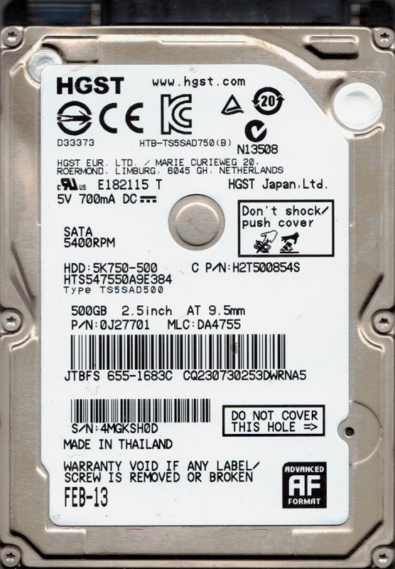 HGST HTS547550A9E384 MLC: DA4755 P/N: 0J27701 MAC 655-1683C