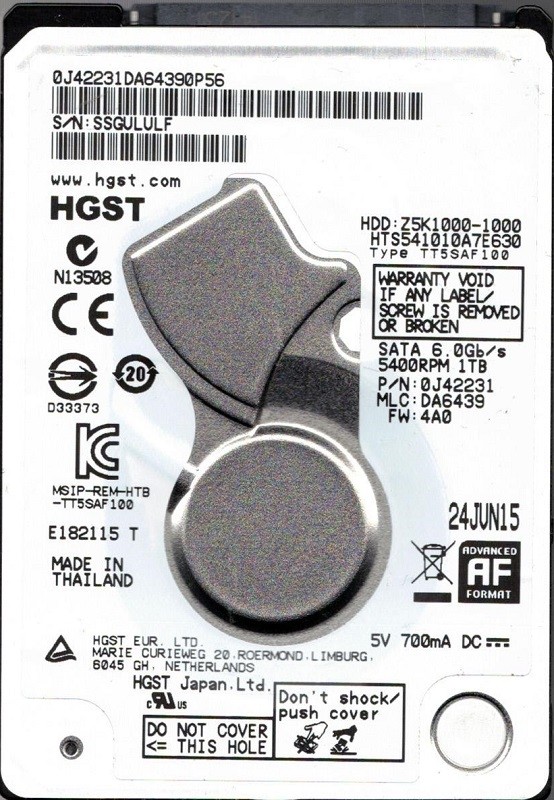 HTS541010A7E630 P/N: 0J42231 MLC: DA6439 Thailand HGST 1TB