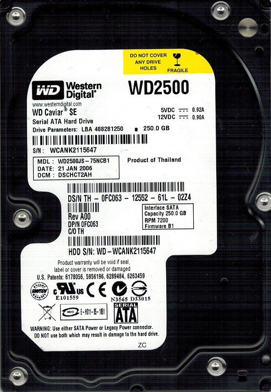 WD2500JS-75NCB1 Western Digital 250GB DCM: DSCHCT2AH
