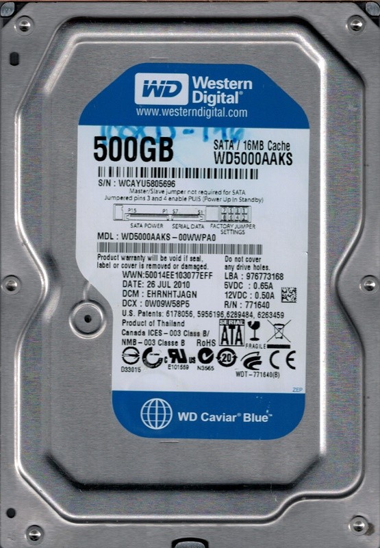 Western Digital WD5000AAKS-00WWPA0 500GB DCM: EHRNHTJAGN WCAYU
