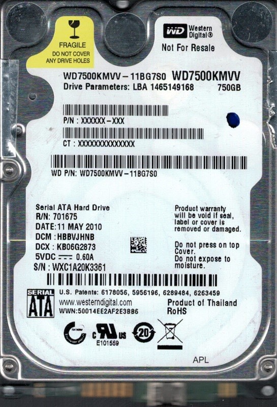 WD7500KMVV-11BG7S0 DCM: HBBVJHNB WXC1A Western Digital 750GB