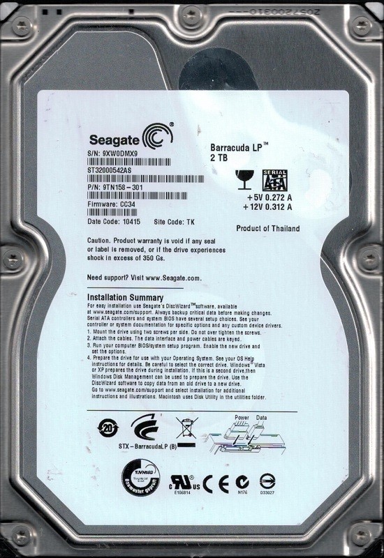 Seagate ST32000542AS P/N: 9TN158-301 F/W: CC34 2TB TK 9XW