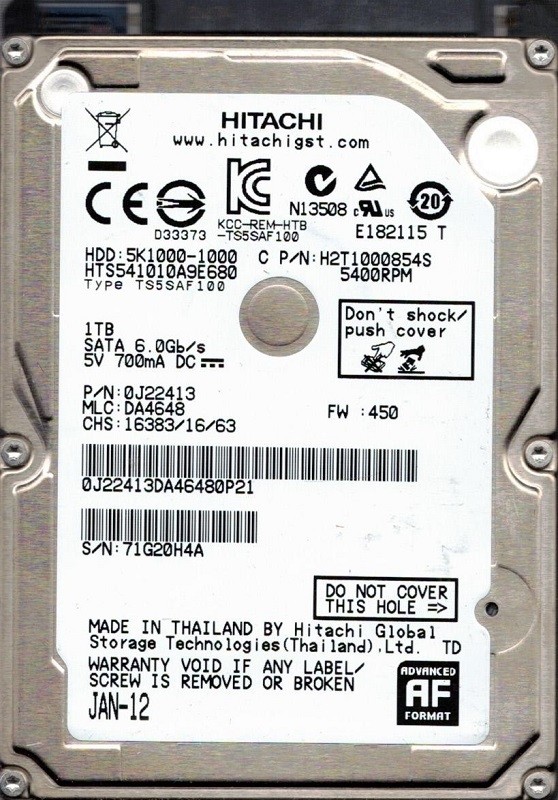 HTS541010A9E680 P/N: 0J22413 MLC: DA4648 Hitachi 1TB