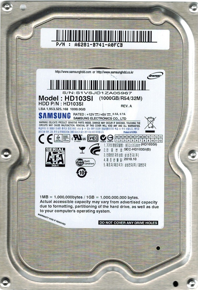 Samsung HD103SI SPINPOINT 1TB P/N: A6281-B741-A0FCB