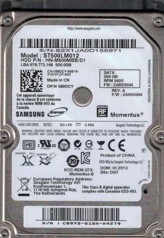 Samsung ST500LM012 HN-M500MBB/D1 P/N: C8973-G12A-A4ZT9 F/W: 2AR20004
