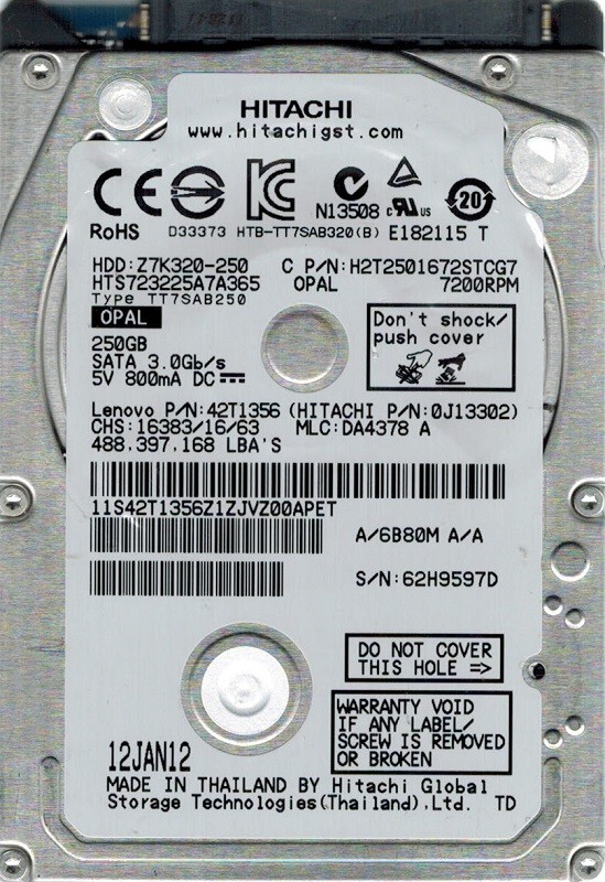 Hitachi HTS723225A7A365 P/N: 0J13302 MLC: DA4378 250GB