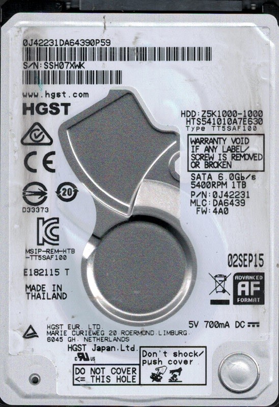 HTS541010A7E630 P/N: 0J42231 MLC: DA6439 Thailand HGST 1TB Laptop HDD