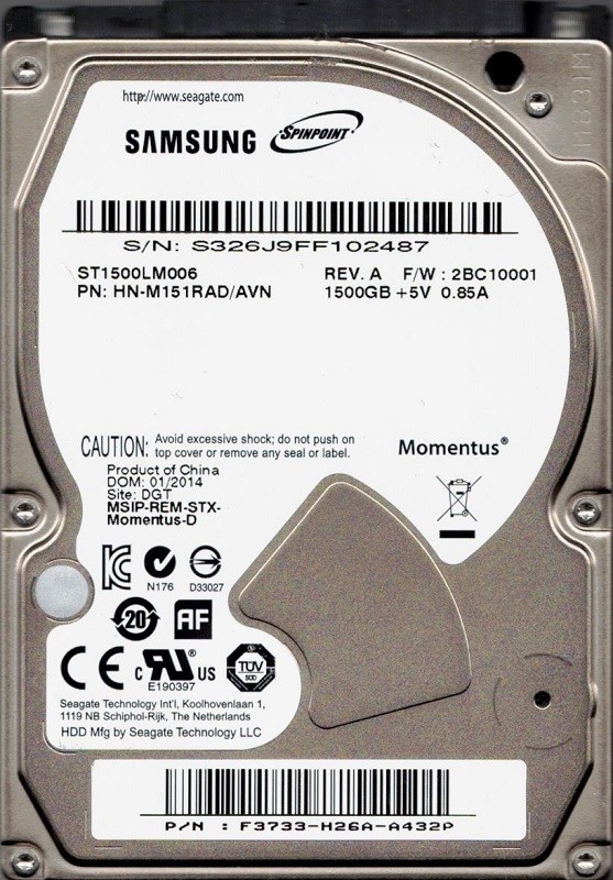 Samsung ST1500LM006 P/N: HN-M151RAD/AVN F/W: 2BC10001 1.5TB 
