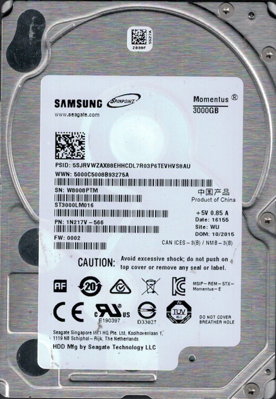 ST3000LM016 P/N: 1N217V-566 F/W: 0002 WU W80 Samsung Seagate 3TB