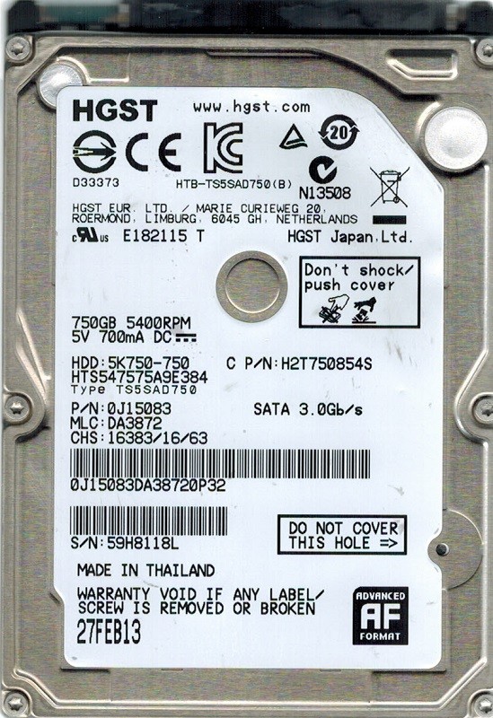 Hitachi HTS547575A9E384 MLC: DA3872 P/N: 0J15083 750GB