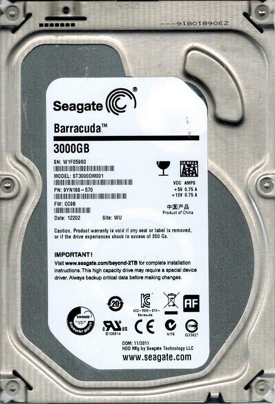 Seagate ST3000DM001 P/N: 9YN166-570 F/W: CC9B 3TB WU