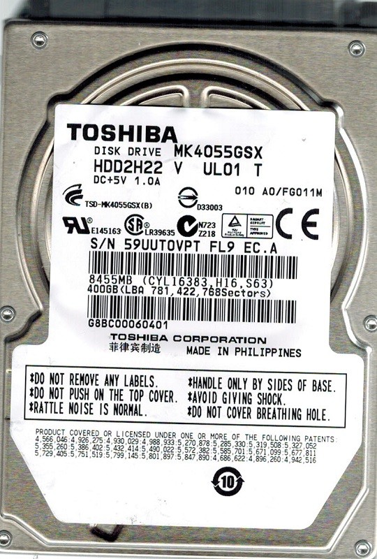 Toshiba MK4055GSX 400GB HDD2H22 V UL01 T A0/FG011M