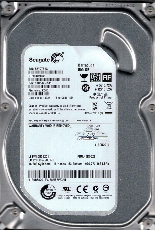 Seagate ST500DM002 P/N: 1BD142-541 F/W: KC65 SU S2A 500GB