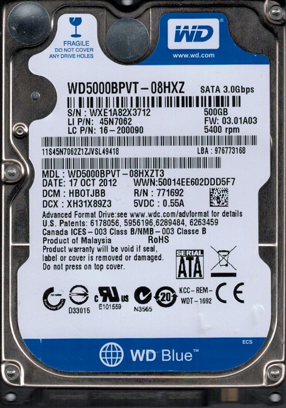 WD5000BPVT-08HXZT3 DCM: HBOTJBB WXE1A Western Digital 500GB